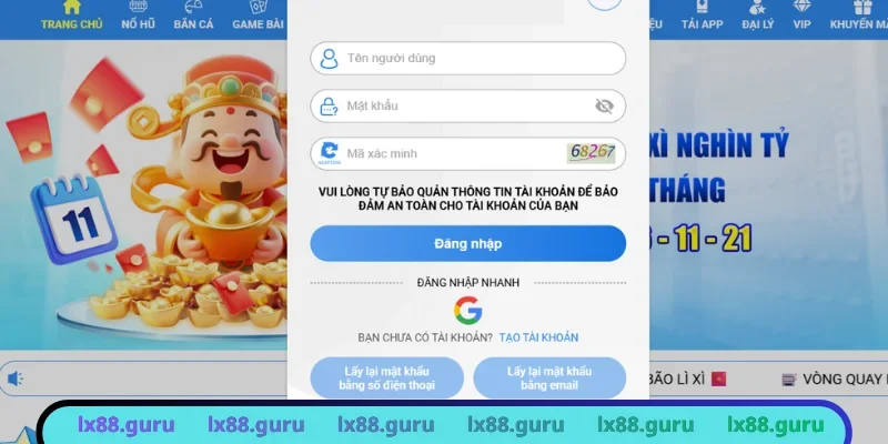 Giao diện đăng nhập LX88 hiện đại